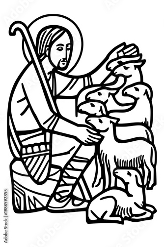 Classic line art illustration of the Good Shepherd tending to a flock of lambs. Sacred religious representation featuring a holy figure with a halo and staff, perfect for spiritual, biblical, and cult