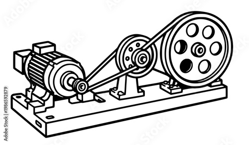 Line art illustration of a mechanical industrial system featuring an electric motor connected to a series of pulleys and belts on a stable base. Detailed technical drawing 