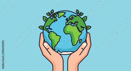 A person holds a globe with green leaves on it in their hands from a front view.