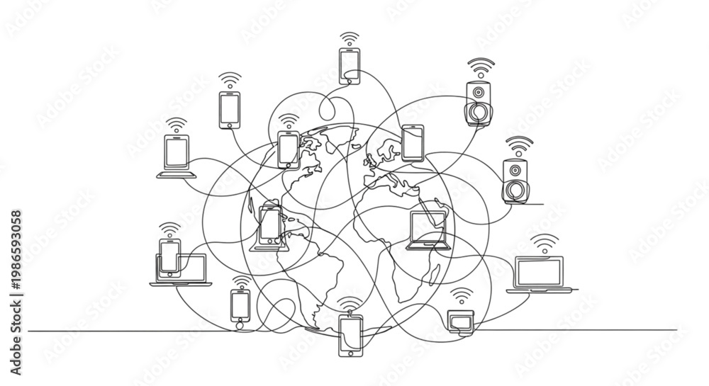 Fototapeta premium Continuous Line Art Wireless Signals Connecting Devices Global Network Communication Minimal Illustration