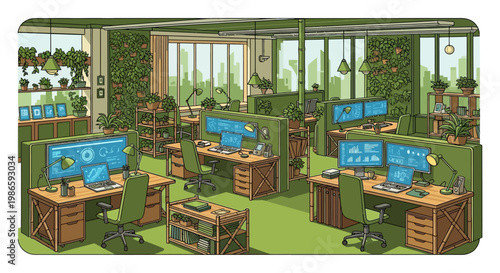 Employees working at modern green office desks with computers and plants