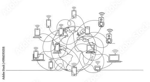 Continuous Line Art Wireless Signals Connecting Devices Global Network Communication Minimal Illustration
