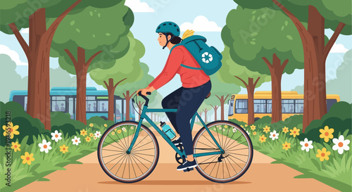 A cyclist rides a bicycle down a tree-lined path in a park with flowers and a bus in the background.