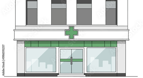 An illustration of a pharmacy storefront with a green cross on a white background