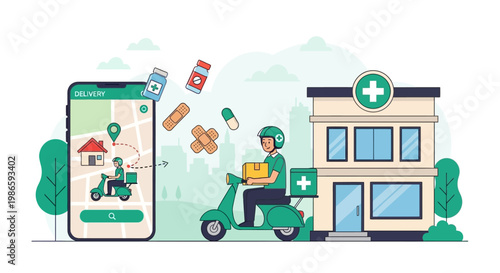 Delivery guy rides scooter to hospital with medical supplies on map