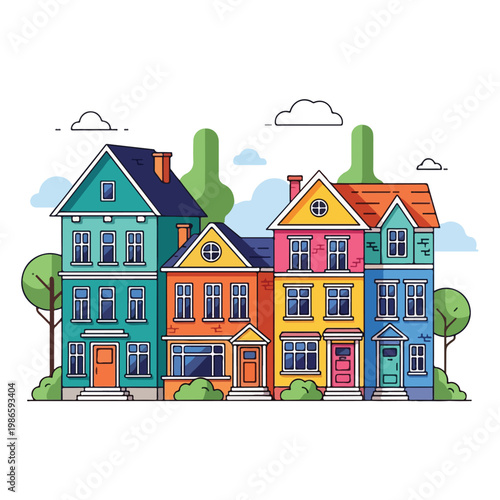 A colorful row of houses with trees and clouds