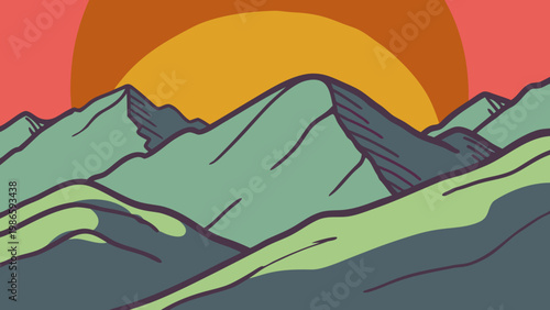 Cartoon mountain range with a vibrant sunset and warm sky tones.