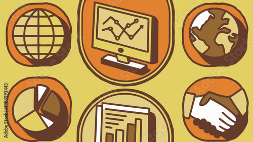 Hand-drawn icons depict global connectivity, presentation, earth, handshake, and financial growth.
