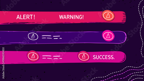 Alert and warning notification bars with success and error status indicators.