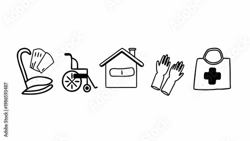 Minimalist line icons depicting home care and elderly assistance services.