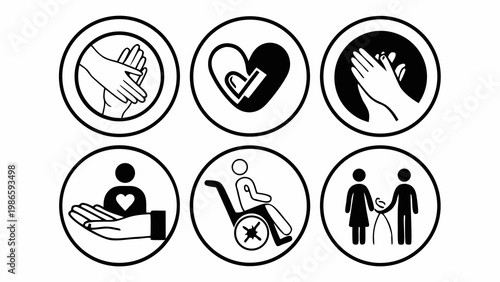 Black and white icons representing universal accessibility and healthcare symbols.