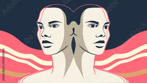 Two identical female faces emerge from a vibrant abstract background.