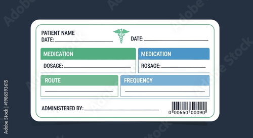 A close-up view of a medical label with green and blue text boxes on a white background.