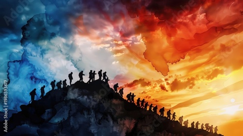 A Close-up Shot of a Watercolor silhouettes of a bustling cityscape with overlapping colors