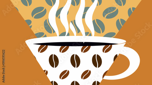 Steaming coffee cup with coffee bean patterns rising from it.