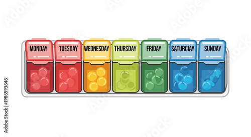A colorful weekly pill box organizer with labeled days of the week