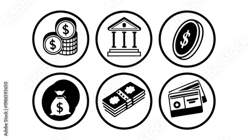 Black-and-white circular icons representing financial and banking services.