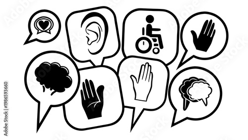 Speech bubbles illustrate communication barriers with hand and brain icons.