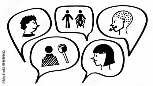 Speech bubbles depict diverse people engaging in communication and accessibility themes.
