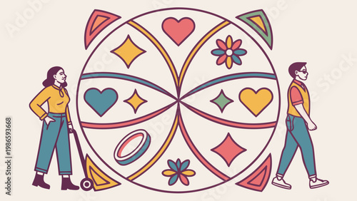 Two stylized figures celebrate with a colorful heart-shaped wheel.