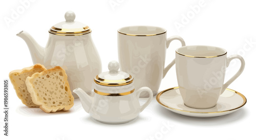 A beautifully arranged still life of tea set and slices of bread on a table indoors.