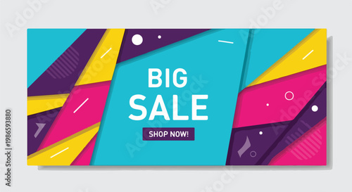 A colorful sale banner with geometric shapes and text