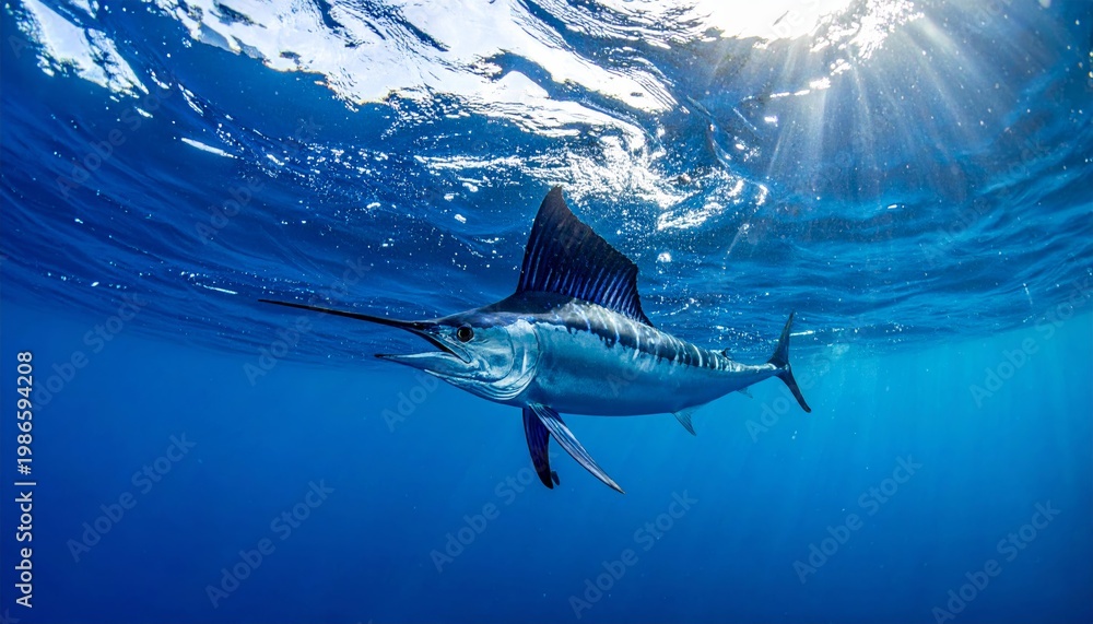 Fototapeta premium A blue marlin swims underwater ocean.