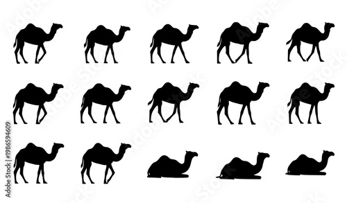 Camel silhouettes vector set with desert animals in different poses isolated on white background