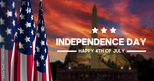 Patriotic independence day celebration with american flags and washington monument at sunset