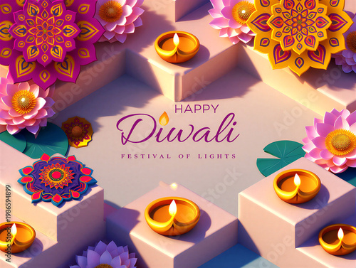 Vibrant diwali festival of lights celebration with diya lamps and colorful mandala flowers arrangement