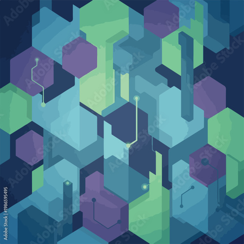 A futuristic cityscape with blue, green, and purple blocks