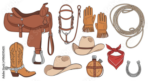 Western Cowboy Gear Collection Saddle Boots Hat Rope Bandana Horseshoe Flask