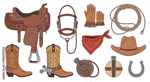 Western Cowboy Gear Collection Saddle Boots Hat Rope Spurs Bandana Gloves Canteen Horseshoe