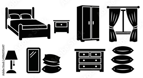 Bedroom Furniture Icons Set Black White
