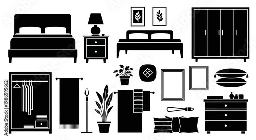 Bedroom Furniture and Decor Icons Set