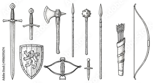 Medieval Weapons Collection Set Sword Axe Shield Bow Arrows Crossbow