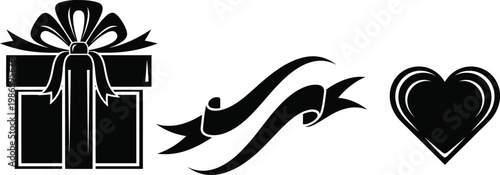 Father’s Day Gift Box with Heart and Ribbon Banner Vector Silhouette Set