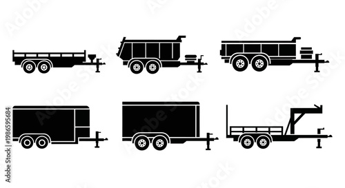 Collection of Trailer Icons Black Silhouettes on White Background