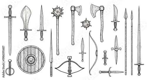Medieval Weapons Collection Sword Axe Shield Bow Crossbow Dagger Spear Mace