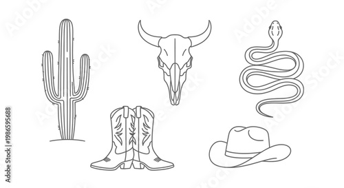 Western Icons Collection Cactus Skull Cowboy Boots Snake Hat Line Art