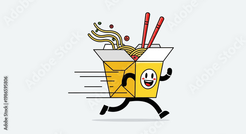 Fast Food Delivery Box Character Running With Noodles and Chopsticks