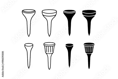 Golf tee outline icon set. Golf tee peg solid element collection. Golf stand holder, Ball tee, Sports, Outdoor ornament and decoration. Vector illustration