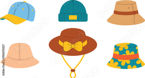 Collection of stylish hats flat cartoon vector illustration baseball cap beanie bucket and sun hats colorful fashion set isolated on white background