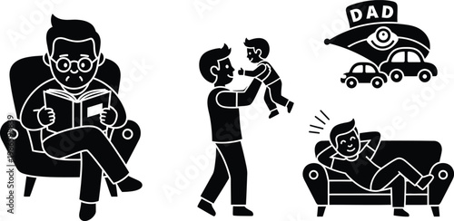 Father and Son Activity Icon Set with Dad Reading and Car for Father's Day