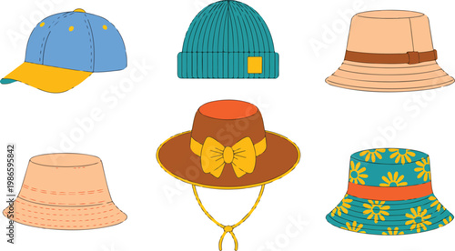 Collection of stylish hats flat cartoon vector illustration baseball cap beanie bucket and sun hats colorful fashion set isolated on white background