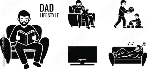 Dad Lifestyle Vector Set with Father Reading Playing and Relaxing for Father's Day