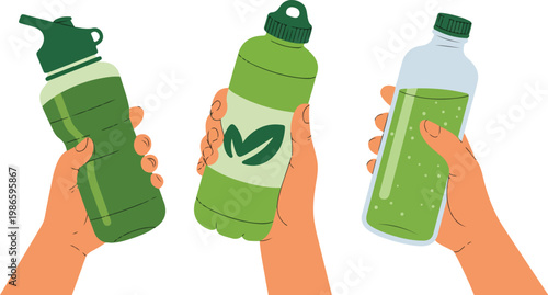Hands holding green beverages flat vector illustration water bottle juice drink eco healthy lifestyle concept minimalist design isolated on white background