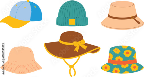 Collection of stylish hats flat cartoon vector illustration baseball cap beanie bucket and sun hats colorful fashion set isolated on white background