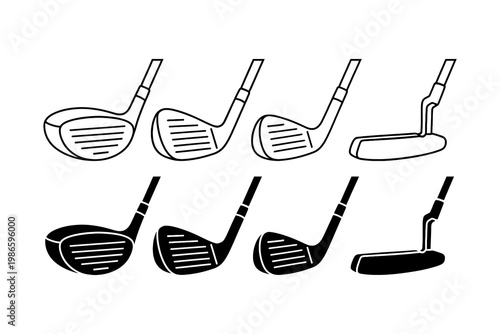 Golf club outline icon set. Golf stick with driver, wedge, iron, putter solid element collection. Golf equipment, gear, sports, recreation. Vector illustration