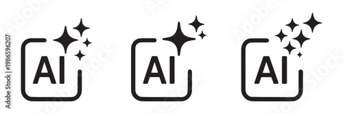 AI generation technology icon set modern flat vector collection of artificial intelligence symbols. Set of AI generate icon. AI sparkle star with square icon. AI generate icon set ai, sparkle star. 